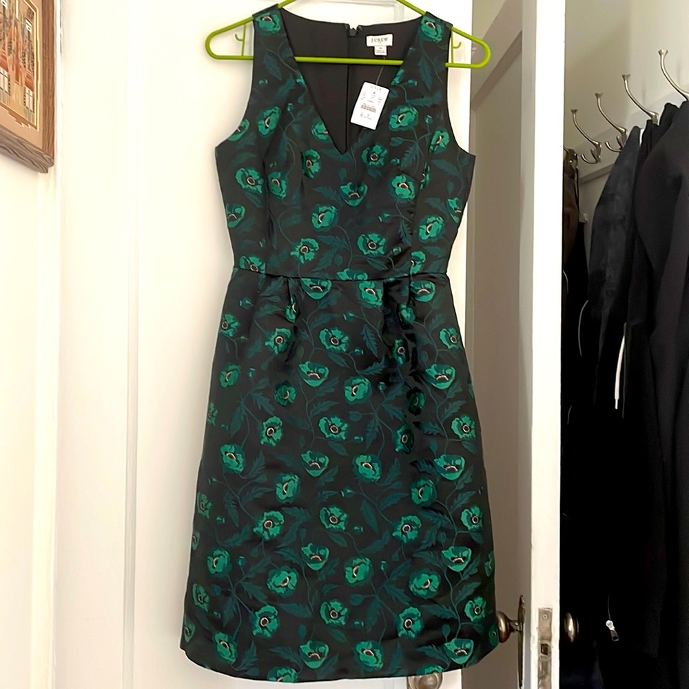 NWT J. Crew Satin cocktail dress size 0 black with green poppy print